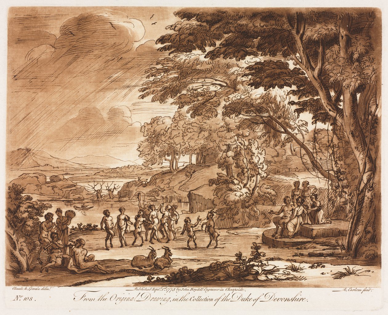 Liber Veritatis: Nr. 108, Landschap met Saters en Nimfen die Dansen door Richard Earlom