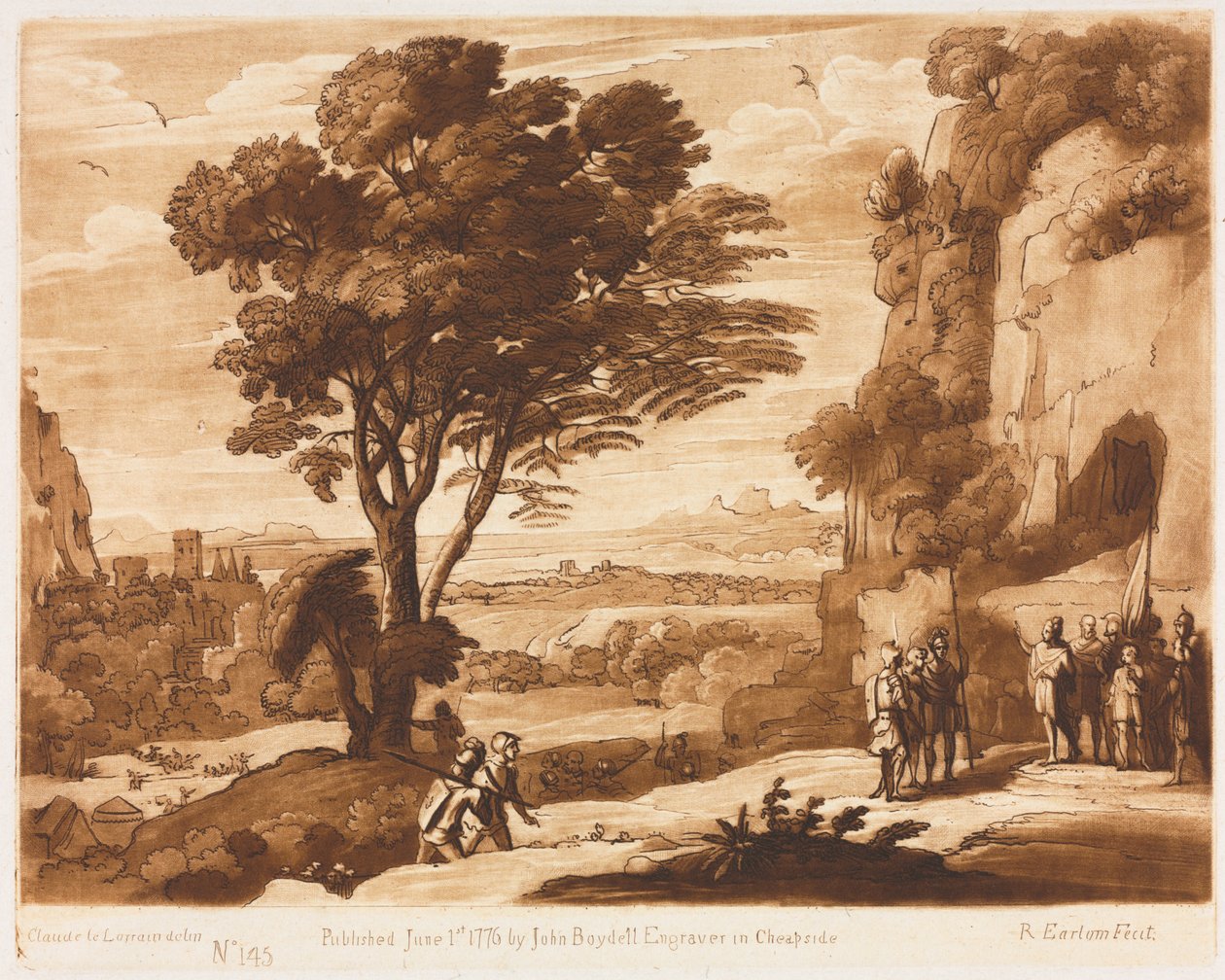 Liber Veritatis: No. 145, Een landschap met figuren, Simon voor Priamus gebracht door Richard Earlom