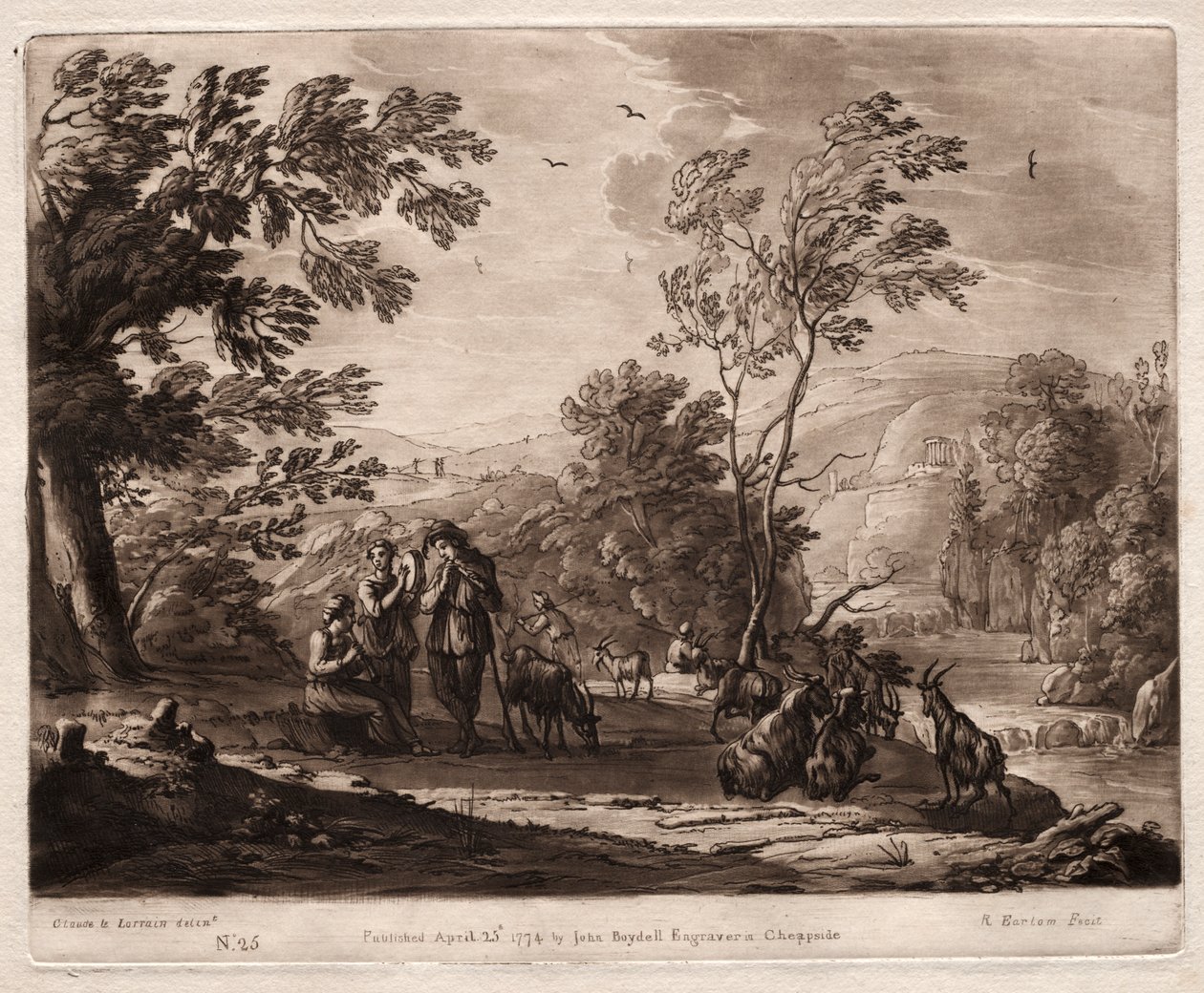 Liber Veritatis: Nr. 25, Een bergachtig en bebost landschap met herders die spelen en geiten die grazen door Richard Earlom
