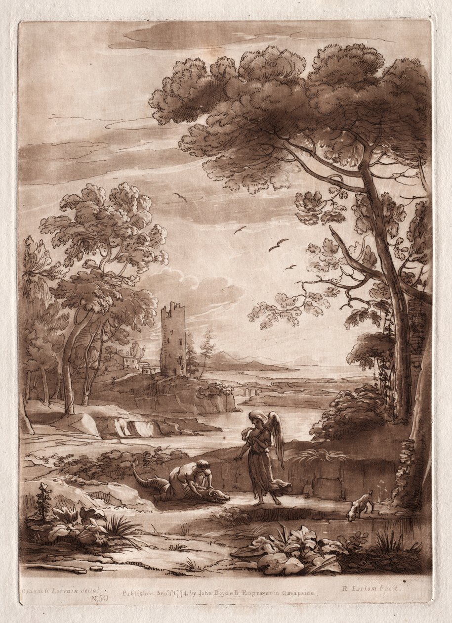 Liber Veritatis: Nr. 50, Een Rivierscène met Tobias en de Engel door Richard Earlom