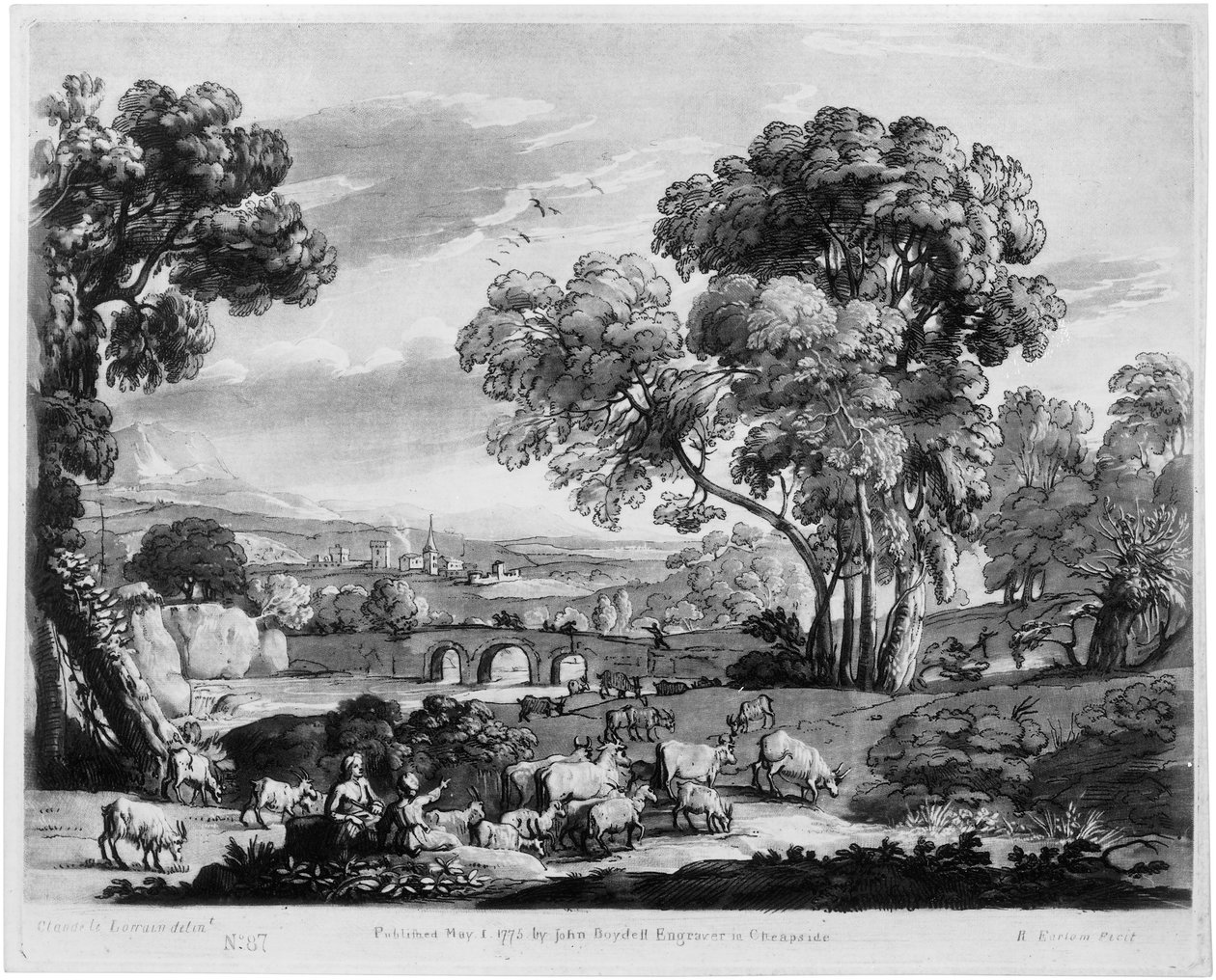 Pastoraal landschap met rivier en brug door Richard Earlom