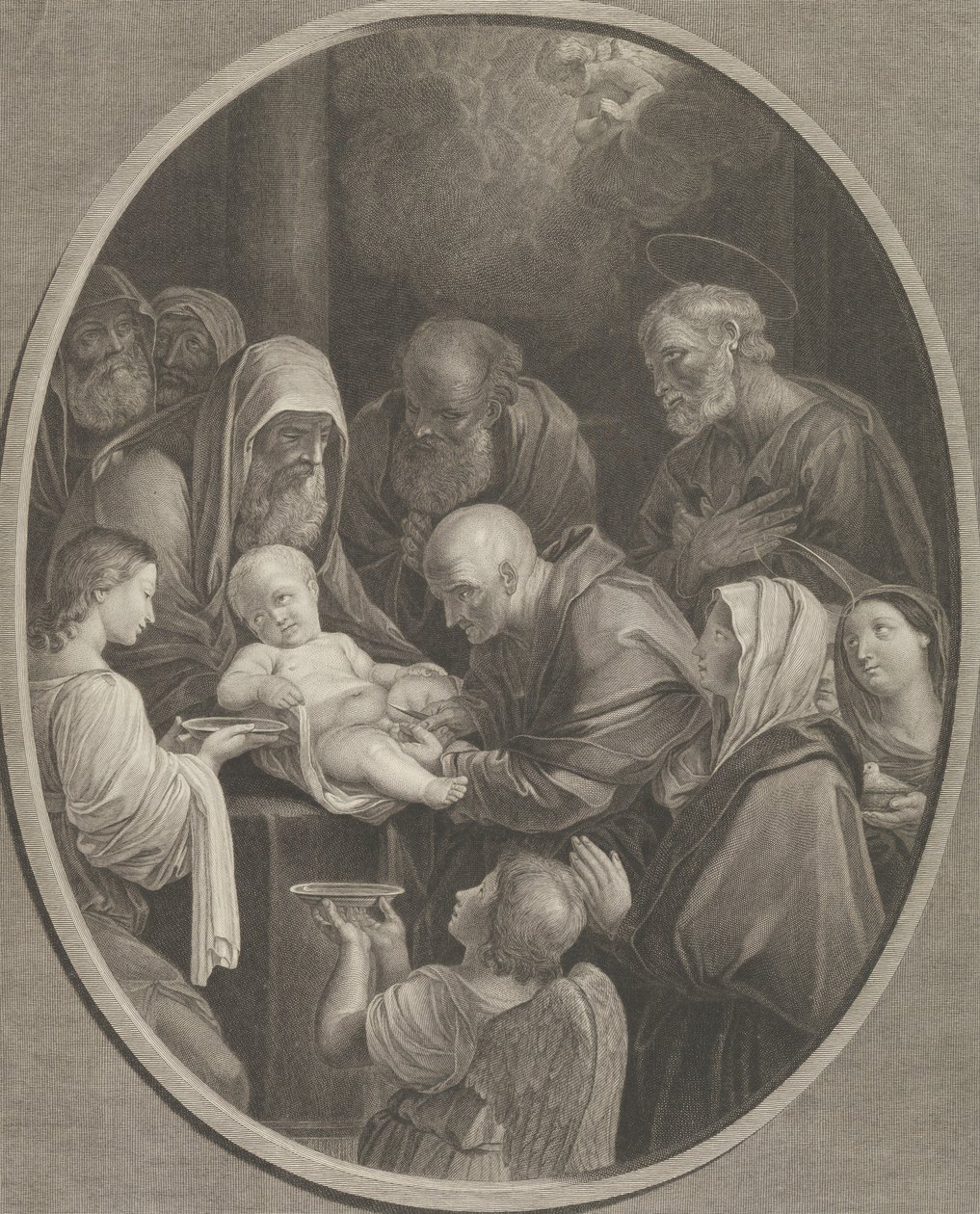 De besnijdenis van Christus, een groep mannen en vrouwen om hem heen, een engel op de voorgrond door Richard Earlom
