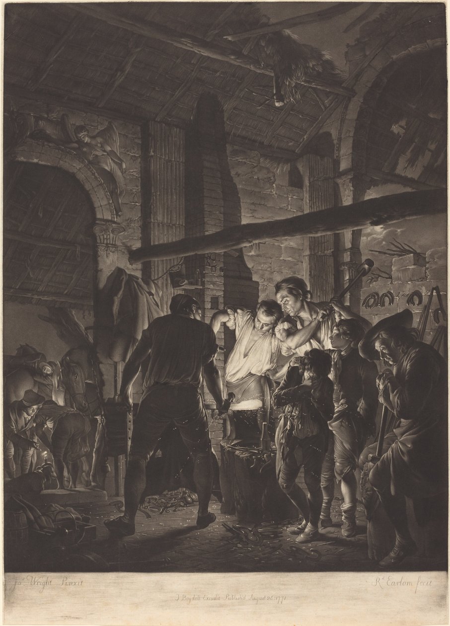 De smidse door Richard Earlom after Joseph Wright