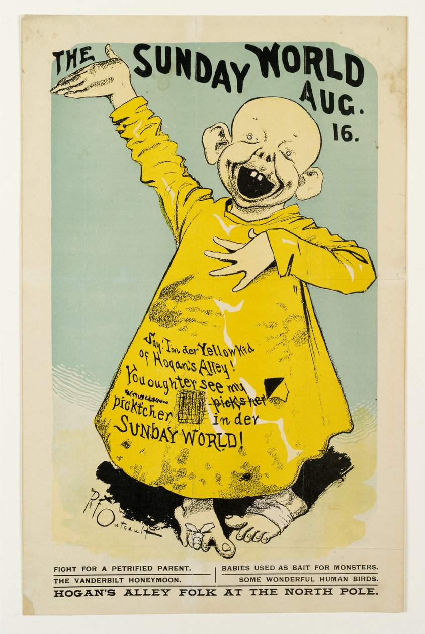 The Sunday World 16 aug.: Zeg, Ik ben de Gele Kid van Hogans Alley..., c.1895-98 door Richard Felton Outcault