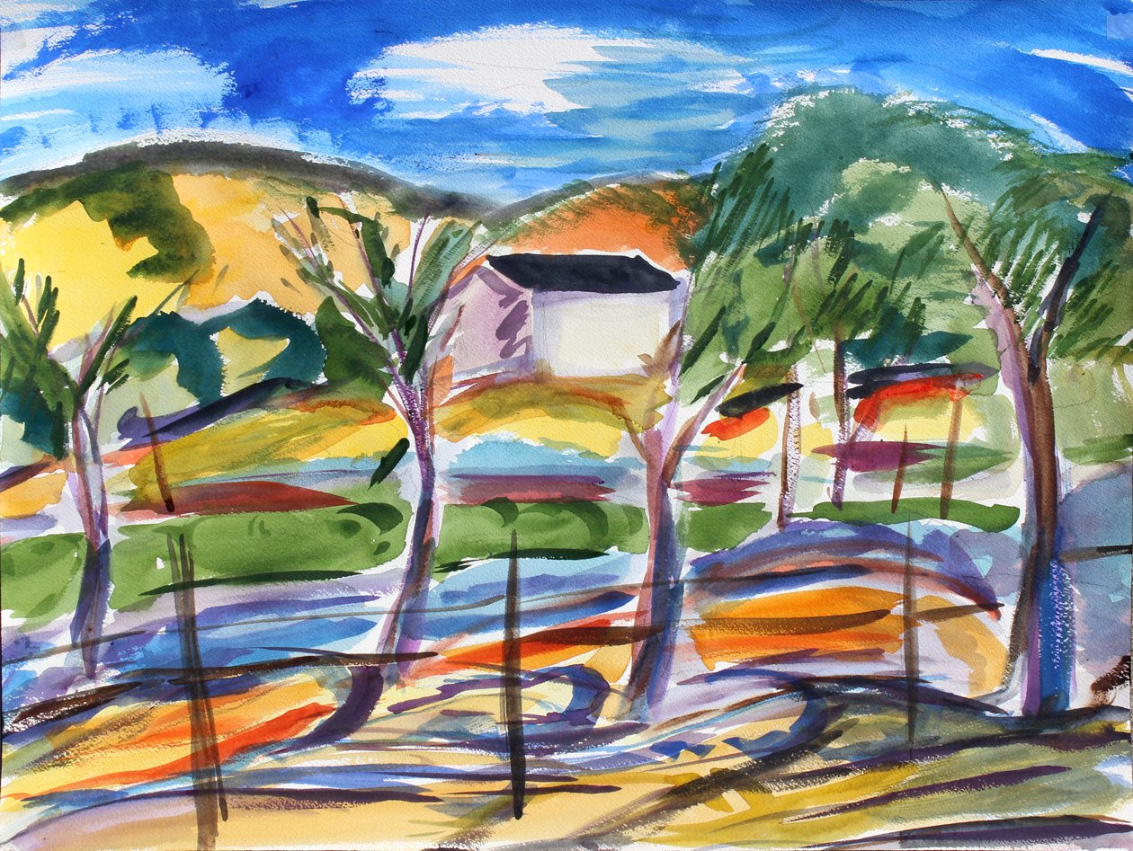 Veld en eenzaam huis, 2019 door Richard Fox