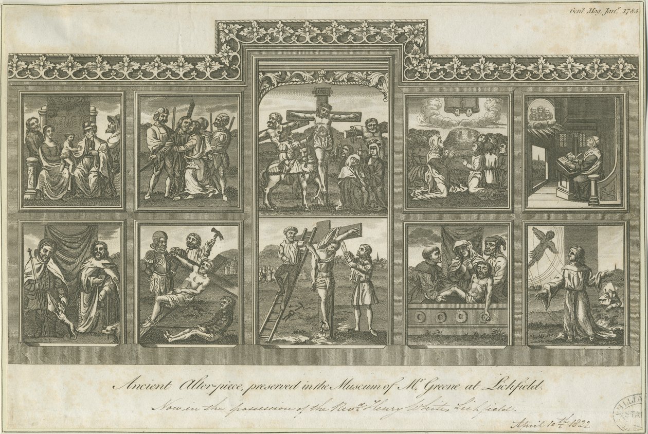 Lichfield - Oud Altaarstuk: gravure, nd [ca. 1785] door Richard Greene