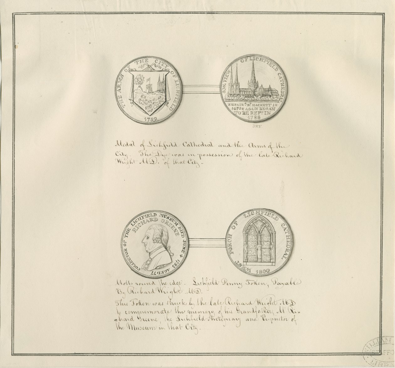 Lichfield - Medailles van Lichfield Kathedraal en het Stadswapen, en een portret van Richard Greene: pentekening door Richard Greene
