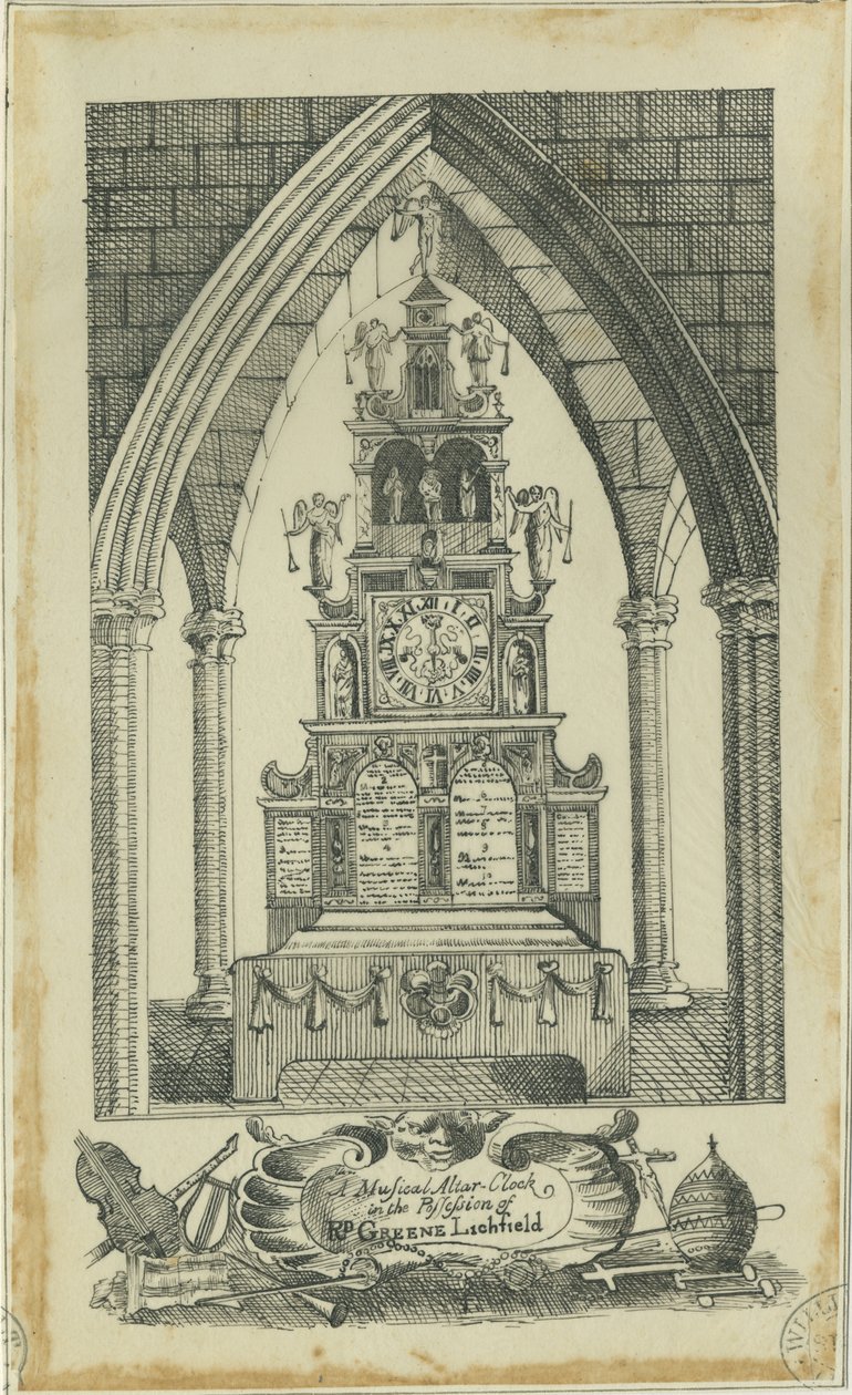 Lichfield - Muzikale Altaarklok: inkttekening, nd [?18e eeuw] door Richard Greene