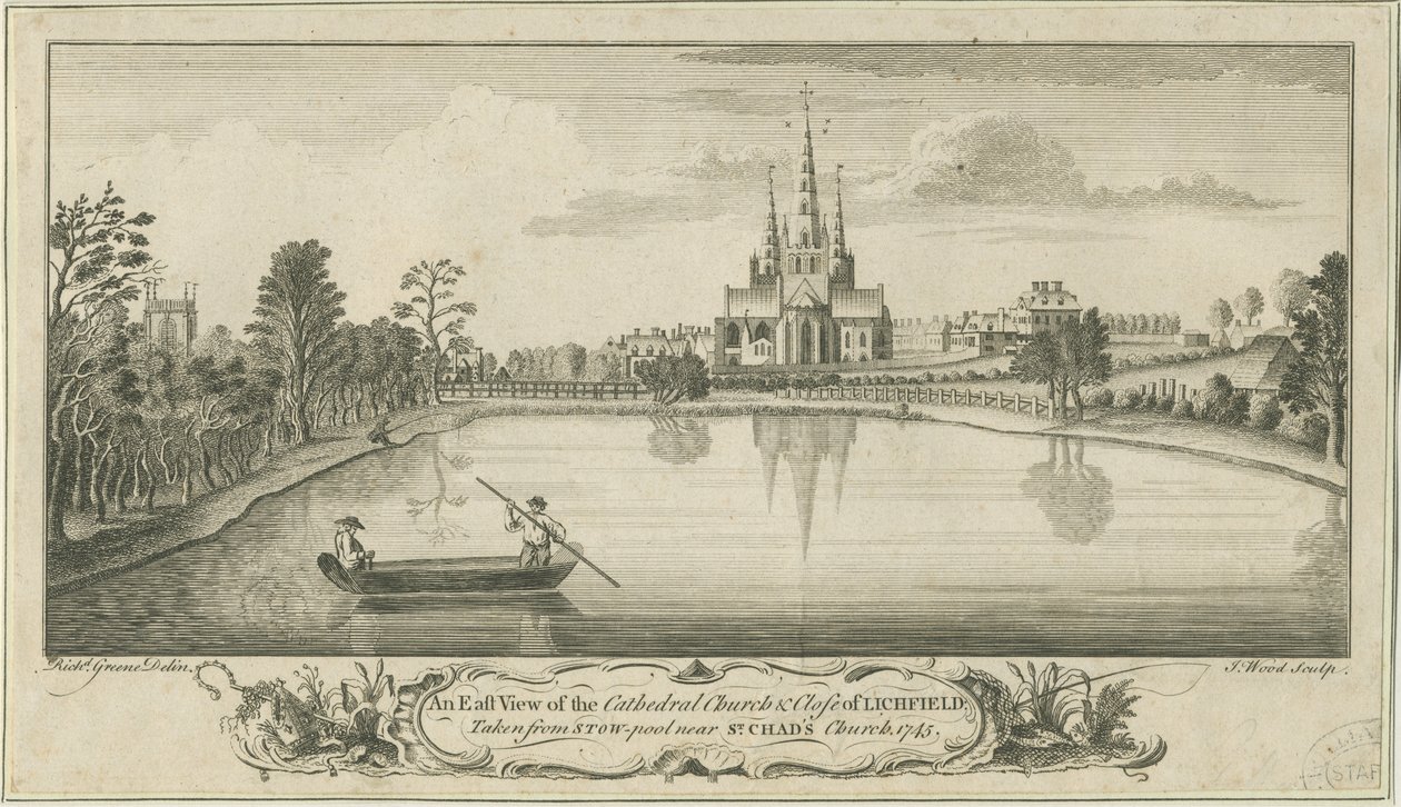 Lichfield Kathedraal en Omgeving - Oostaanzicht: kopergravure door Richard Greene