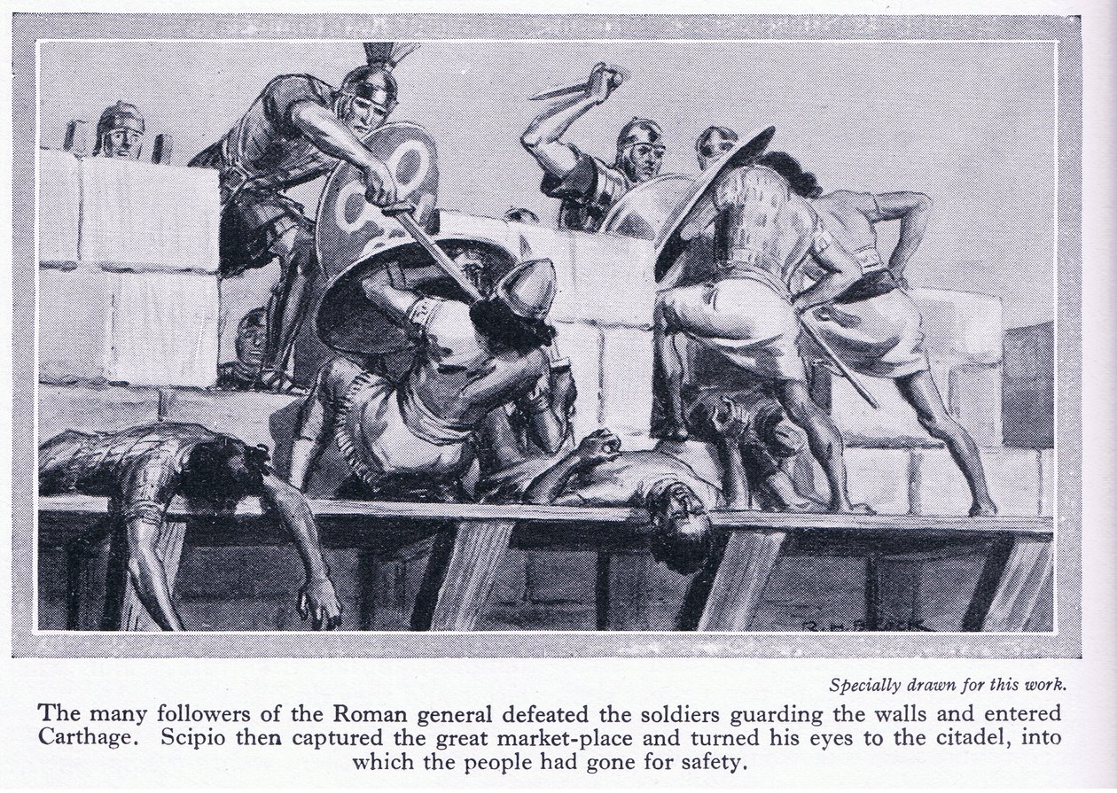 Het beleg van Carthago 146 v.Chr. Romeinse soldaten betreden Carthago, ca. 1950 door Richard Henry Brock