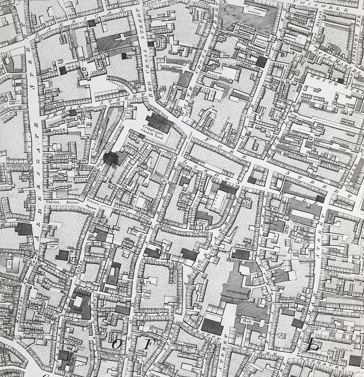 Straatkaart van Londen rond Guildhall, c.1795 (prent) door Richard Horwood