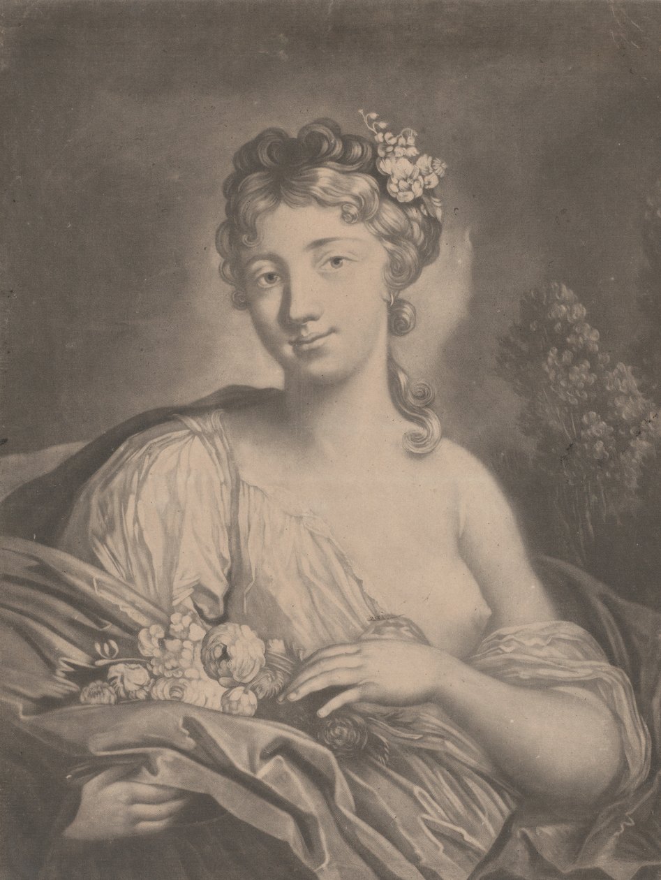 Lente: een jonge vrouw met bloemen in haar mantel, 1775 door Richard Houston