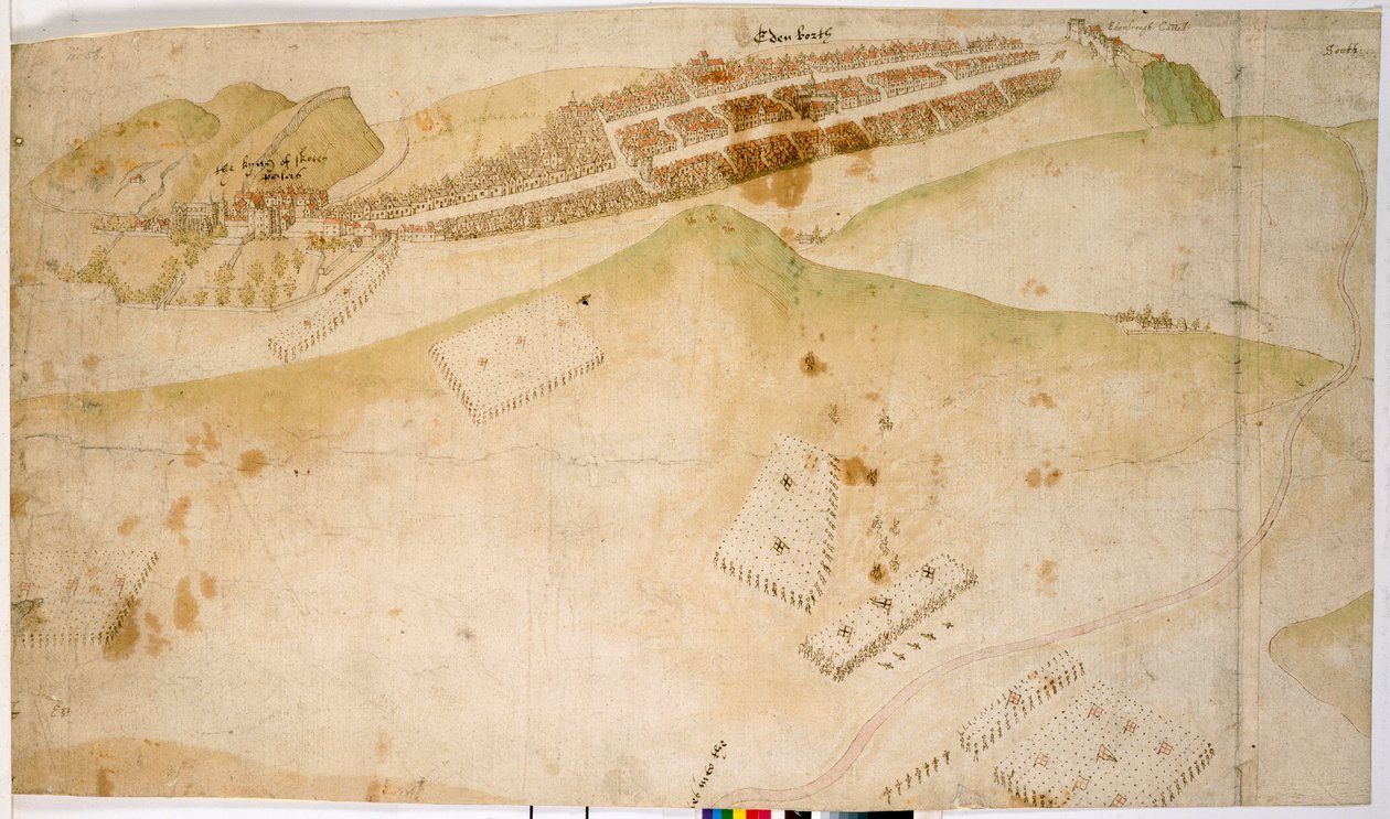Een gekleurd plan, of vogelvlucht, van de stad Edinburgh door Richard Lee