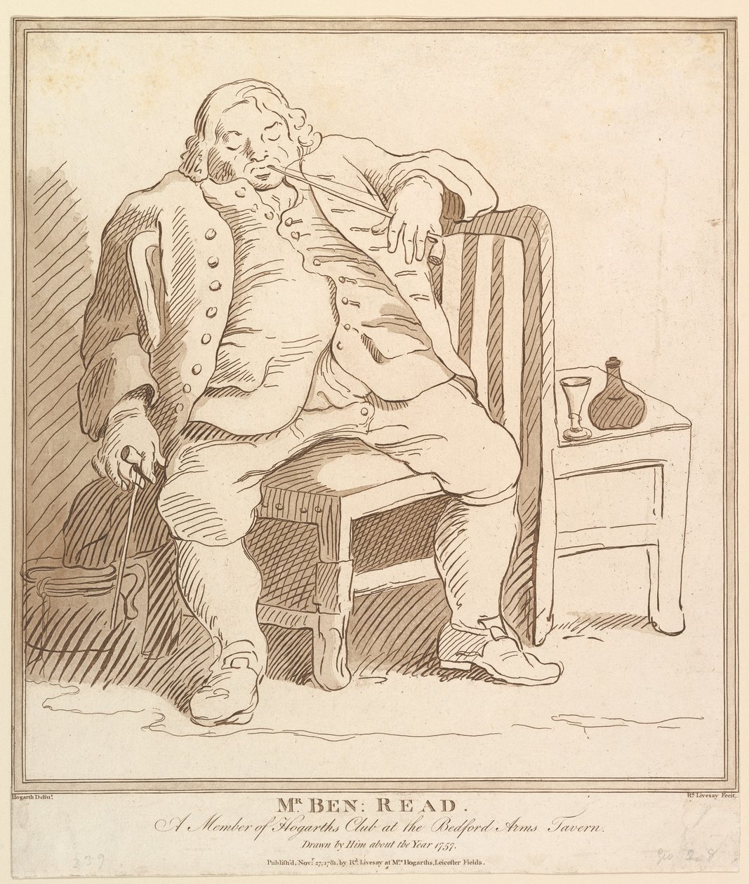 Mr. Ben: Read, een lid van Hogarths Club in de Bedford Arms Tavern, getekend, 27 november 1781 door Richard Livesay