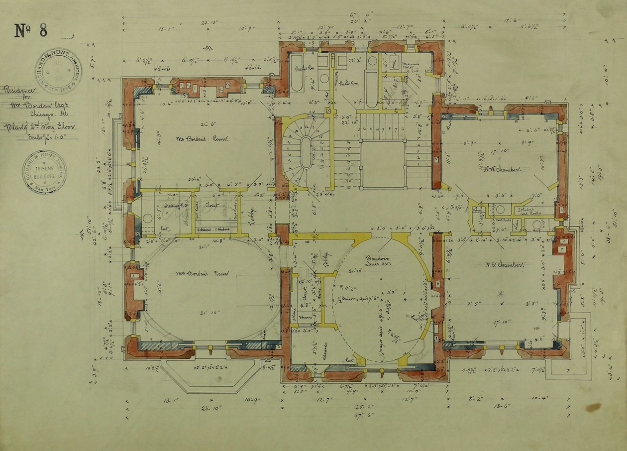 William Borden Residence, Chicago, Illinois, Plan tweede verdieping door Richard Morris Hunt