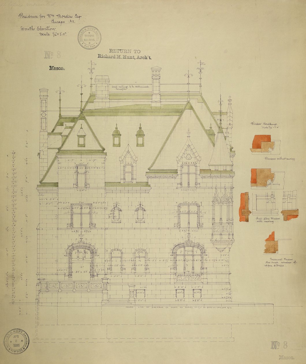 William Borden Residence, Chicago, Illinois, zuidelijke gevel door Richard Morris Hunt