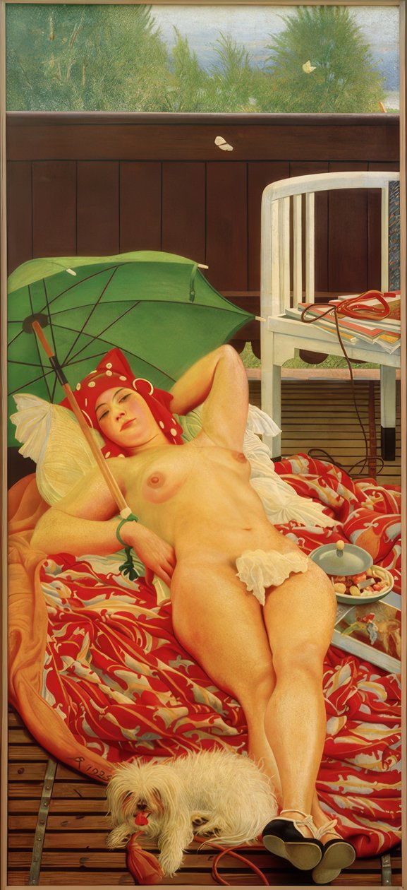 Liggend met groene parasol door Richard Muller