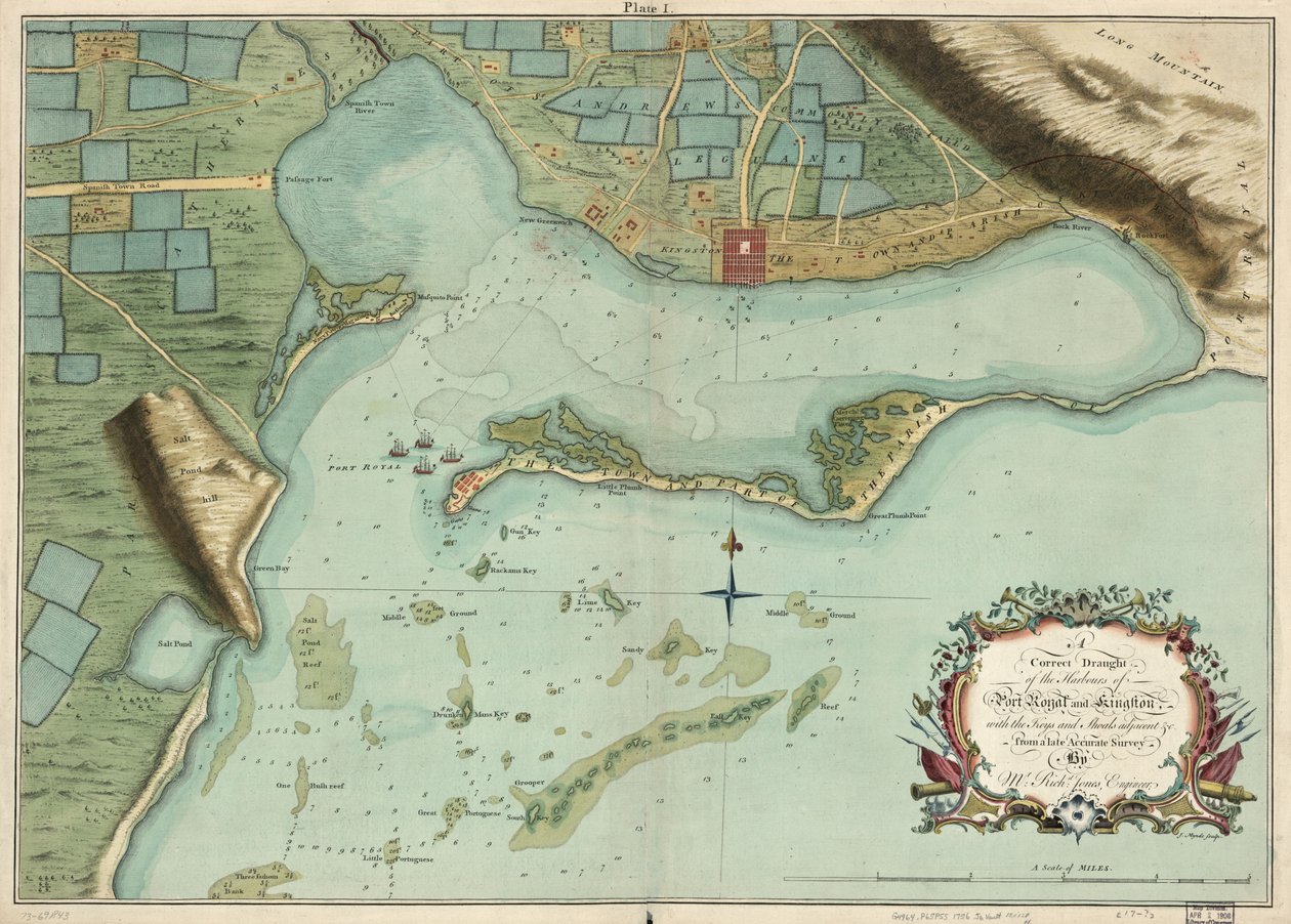 Een correcte schets van de havens van Port Royal en Kingston, met de nabijgelegen sleutels en ondiepten enz. van een recente nauwkeurige enquête, door de heer Richd Jones, ingenieur. door Richard; Mynde Jones