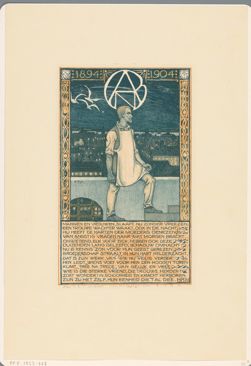 Prent ter gelegenheid van het tienjarig jubileum van de Algemene Nederlandse Diamantbewerkersbond in 1904 door Richard Nicolaüs Roland Holst