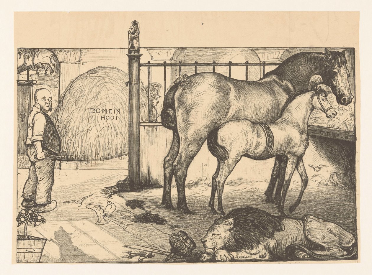 Twee paarden bij een hooiruif in een stal door Richard Nicolaüs Roland Holst