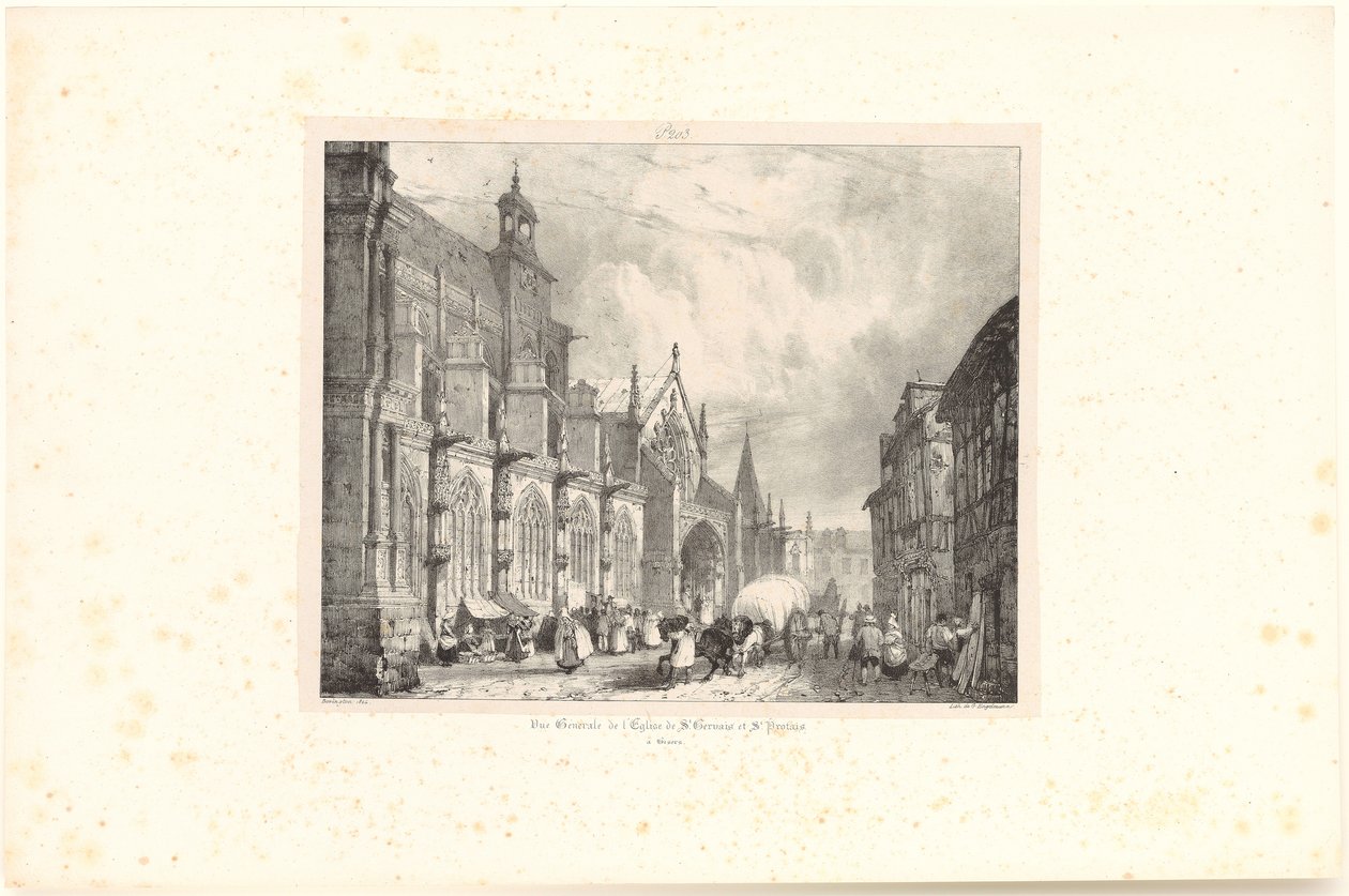 Gezicht op de kerk Saint-Gervais-et-Saint-Protais in Gisors, blad uit de reeks "Voyages pittoresques et romantiques dans l