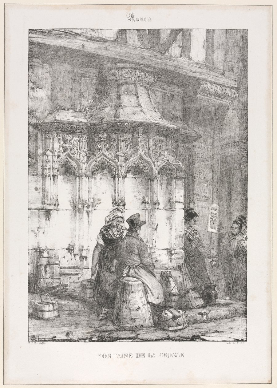 Architectonische overblijfselen en fragmenten: Rouen - Fontaine de la Crosse door Richard Parkes Bonington