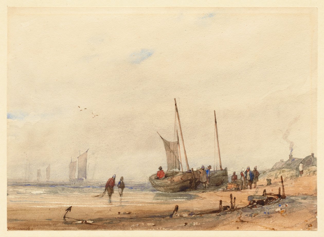 Kust met gestrande boten en figuren door Richard Parkes Bonington