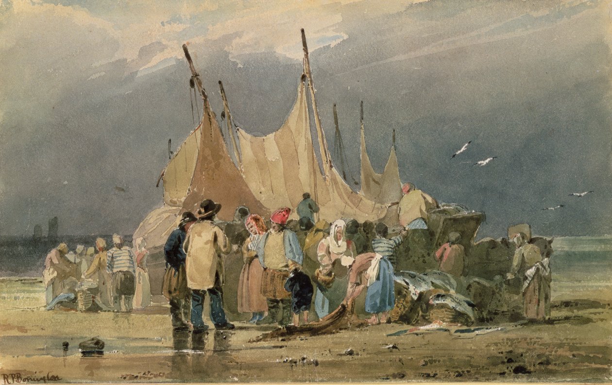 Vissersvolk op een Strand, een Storm nadert door Richard Parkes Bonington