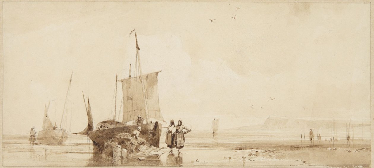 Vissersboten op het zand aan de Normandische kust door Richard Parkes Bonington