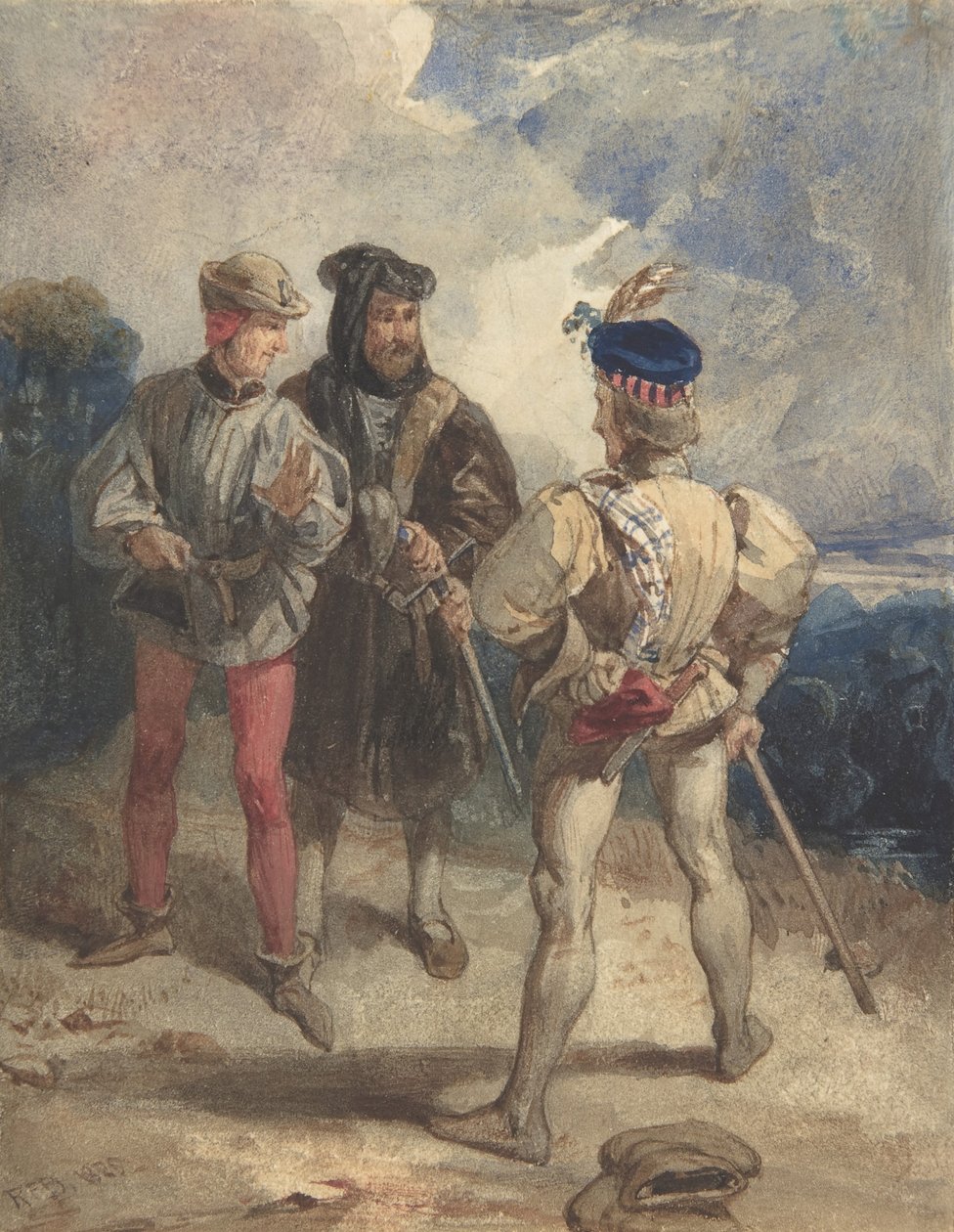 Quentin Durward en de vermomde Lodewijk XI recto, Studie van mannelijk figuur verso door Richard Parkes Bonington