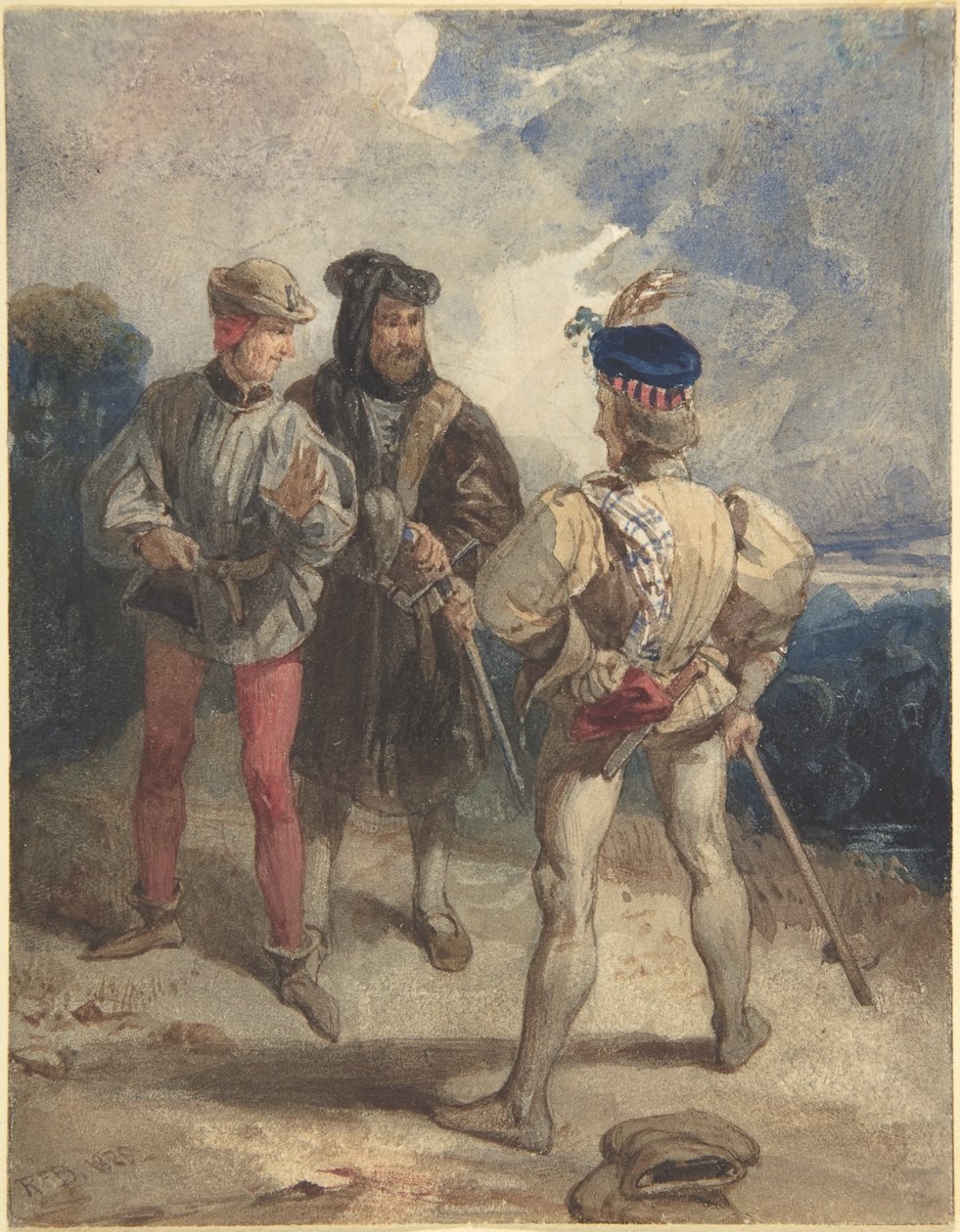 Quentin Durward en de vermomde Lodewijk XI (recto); Studie van een mannelijke figuur (verso) door Richard Parkes Bonington