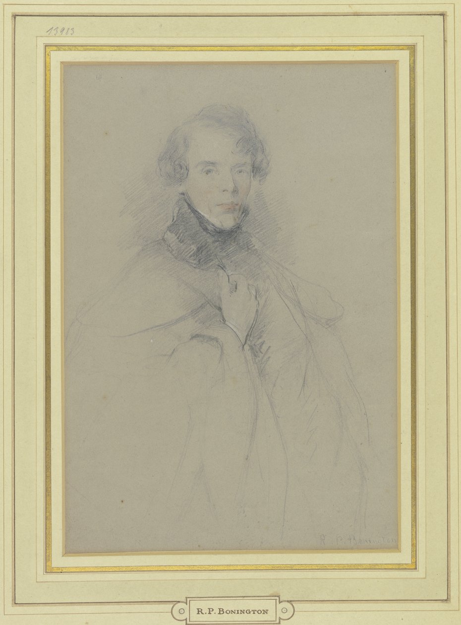 Zelfportret in mantel, driekwartfiguur door Richard Parkes Bonington