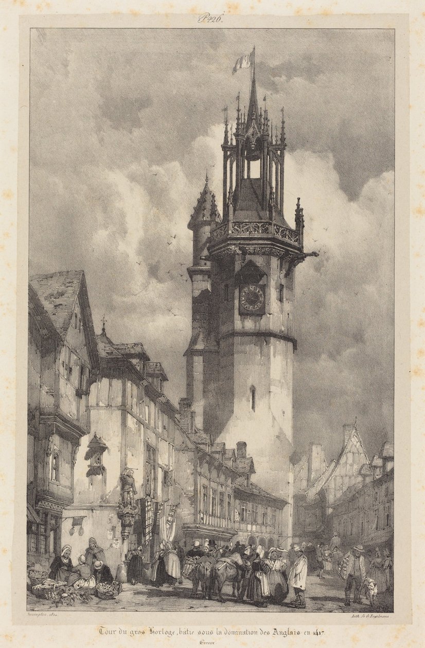 De toren met de grote klok, Evreux door Richard Parkes Bonington