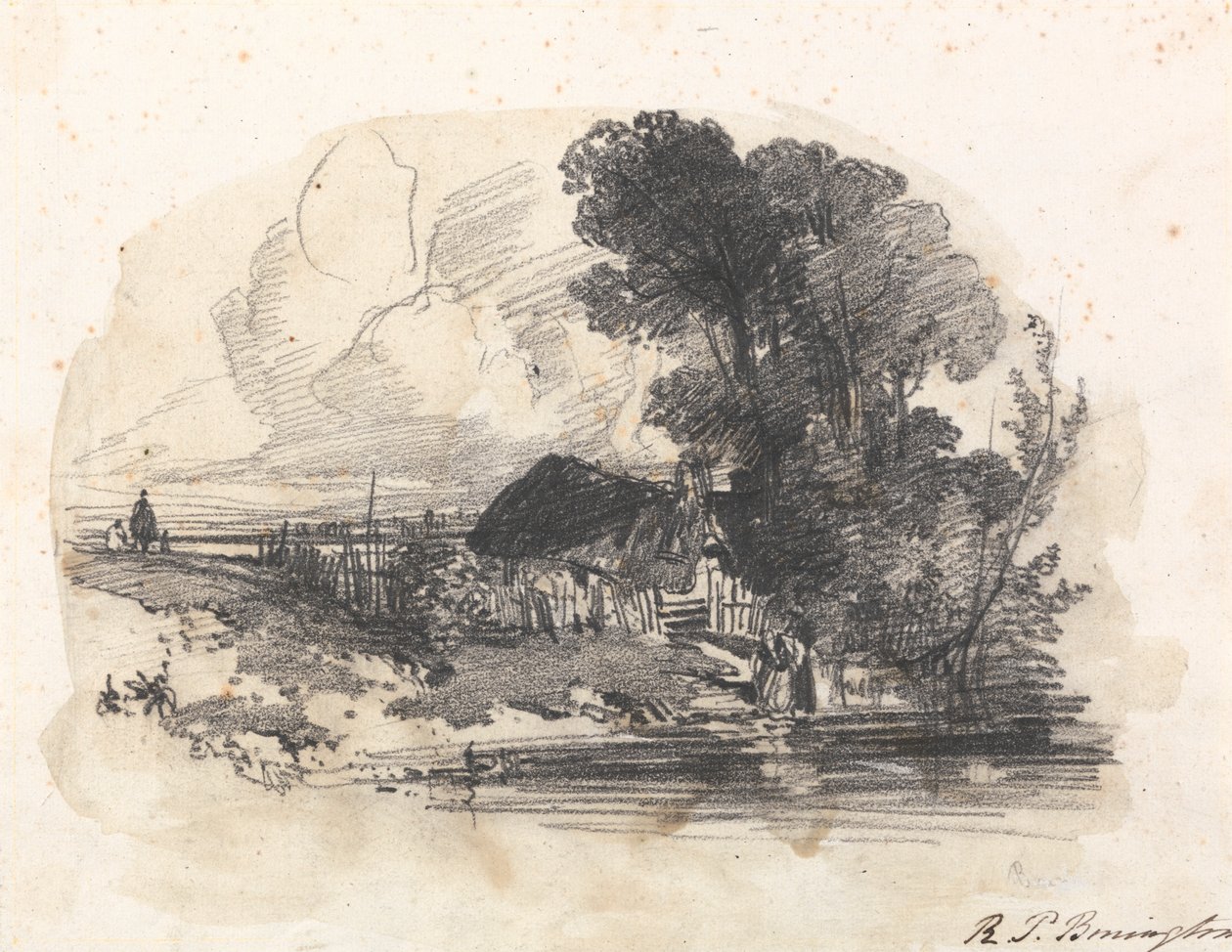 Bomen en een huisje bij een rivier door Richard Parkes Bonington