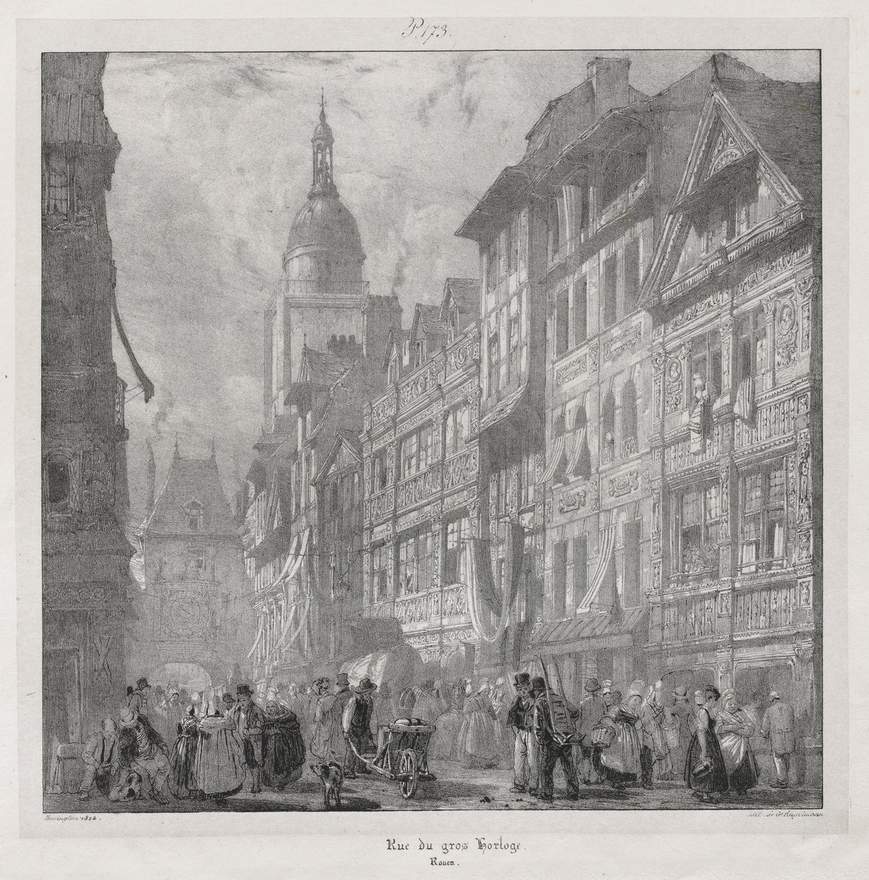 Pittoreske en Romantische Reizen in het Oude Frankrijk, Normandië: Rue du Gros Horloge, Rouen door Richard Parkes Bonington