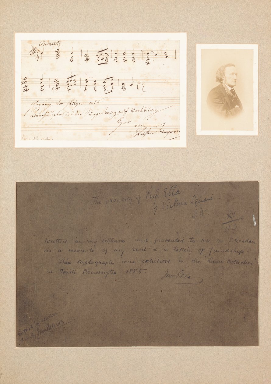 Handgeschreven muzikale notitie gemonteerd met carte-de-visite foto van Wagner en een herkomstnotitie door Richard Wagner