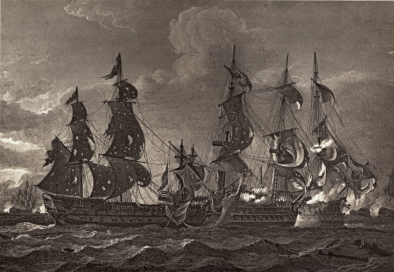 HMS Captain aan boord van de San Nicholas en de San Josef, illustratie uit 
