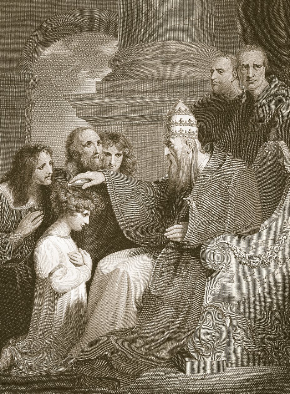 Prins Alfred voor Paus Leo III, gegraveerd door J. Stow, illustratie uit David Hume