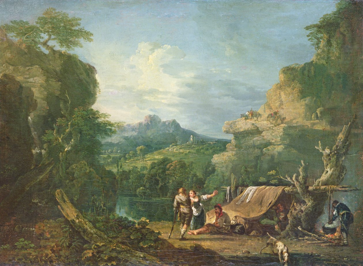 Landschap met bandieten rond een tent door Richard Wilson