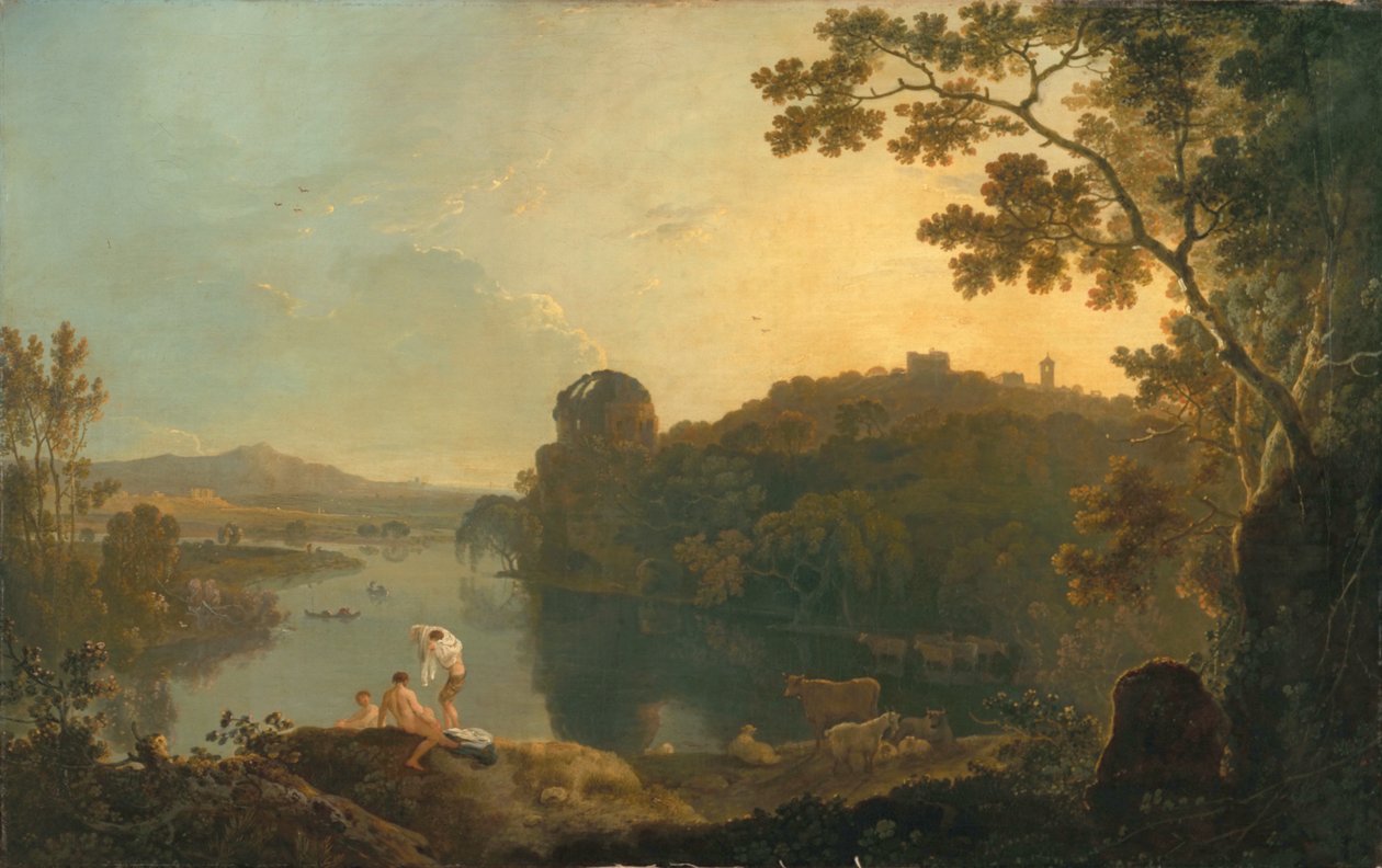 Rivierscène: baders en vee, ca. 1763-65 door Richard Wilson