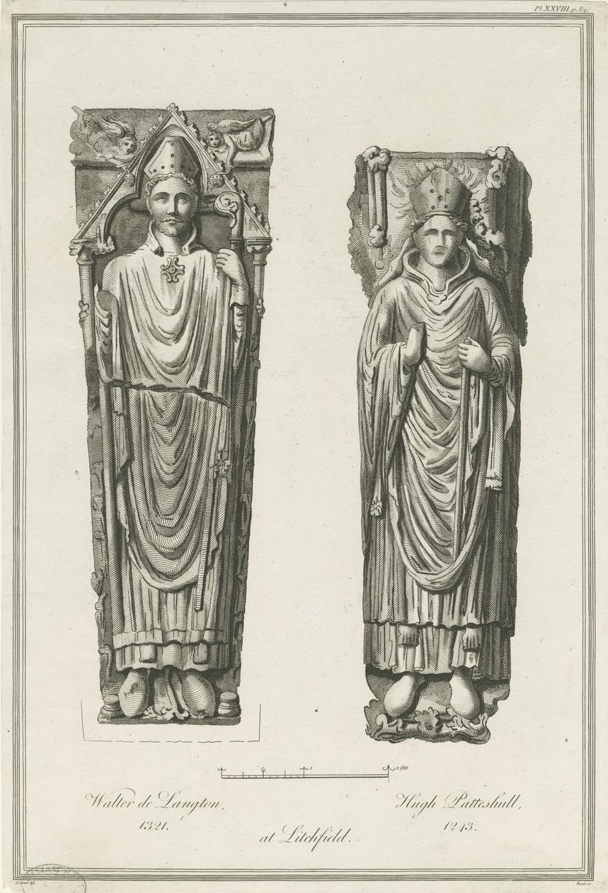 Lichfield Kathedraal - Beelden van Walter de Langton en Hugh de Patteshull (gravure) door Richard Woollett Basire