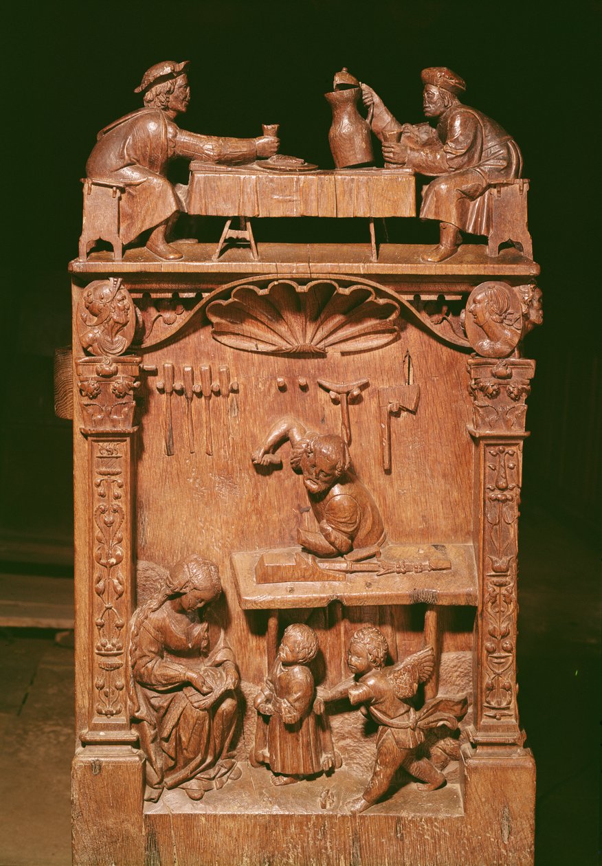 Koorgestoelten met (boven) de Rigoley-broers en (onder) de werkplaats in Nazareth, 1526 (hout) door Rigoley Brothers