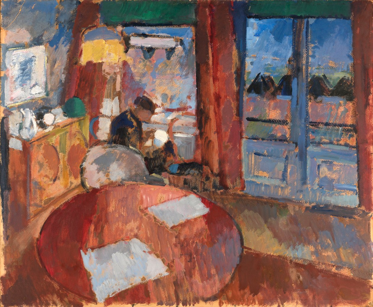 Interieur met borduurster door Rik Wouters
