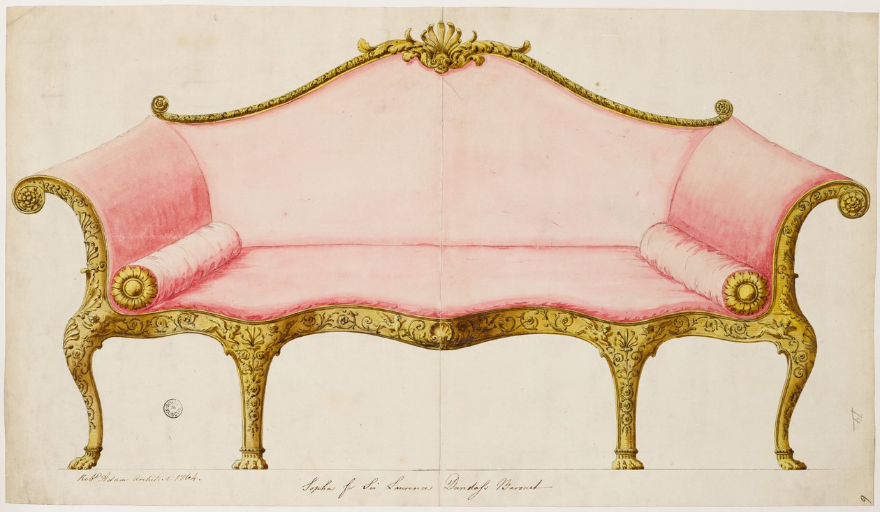 Afgewerkte tekening voor een sofa voor de salon, zoals uitgevoerd, 1764 door Robert Adam