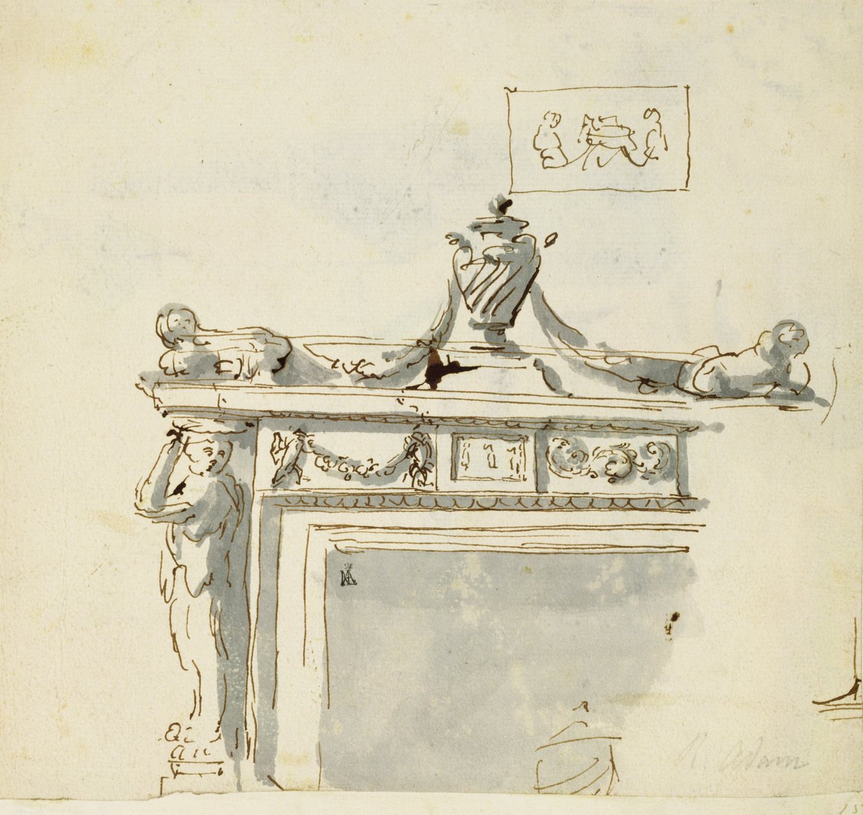Geschetst ontwerp voor een open haard door Robert Adam