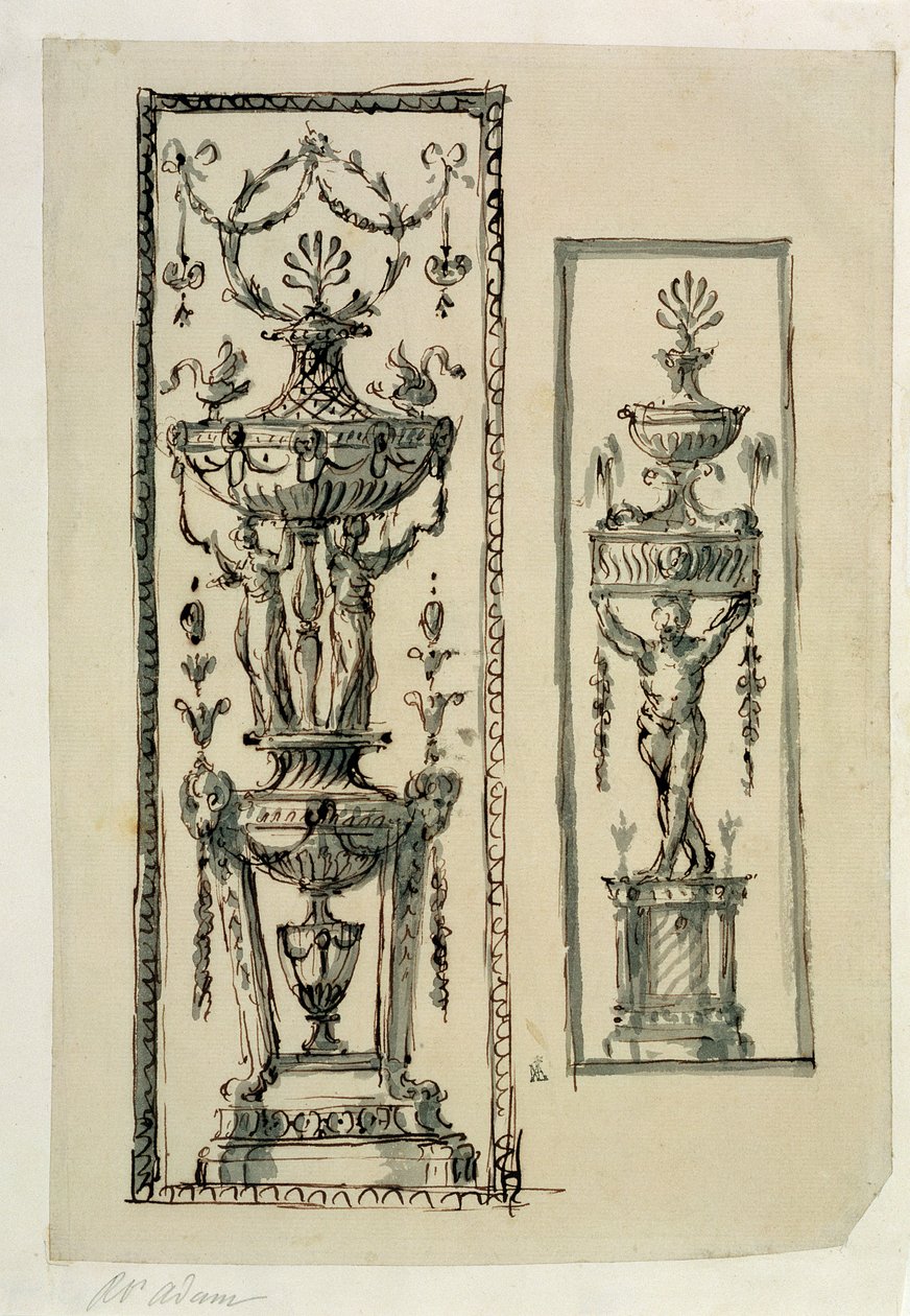Geschetste ontwerpen voor sierlijke panelen door Robert Adam