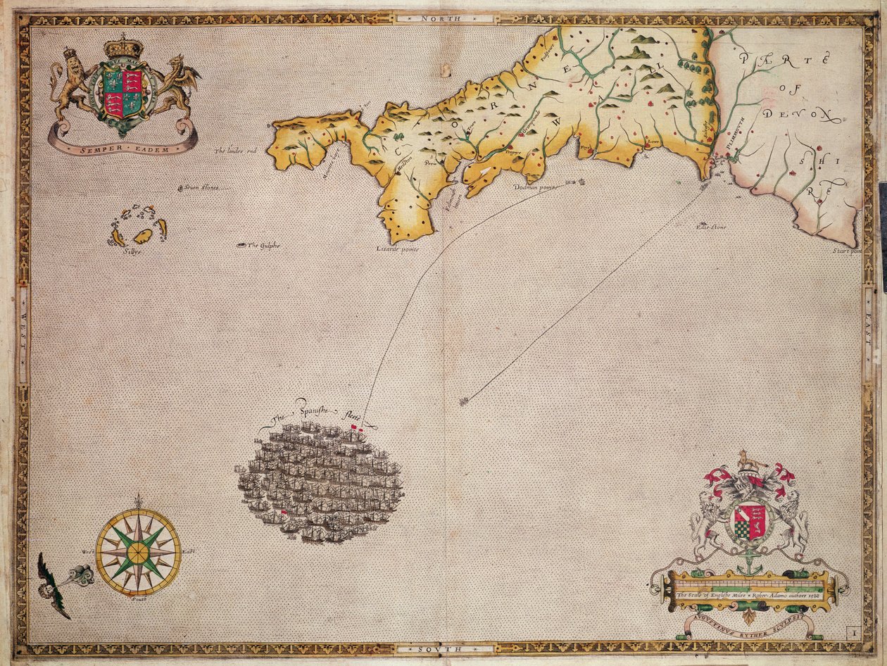 Kaart nr. 1 met de route van de Armada-vloot, gegraveerd door Augustine Ryther, 1588 door Robert Adams