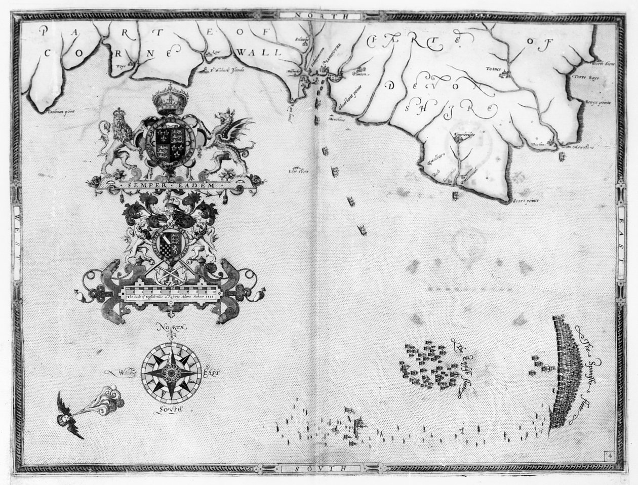 Kaart nr.4 met de route van de Armada-vloot, gegraveerd door Augustine Ryther; 1588 door Robert Adams