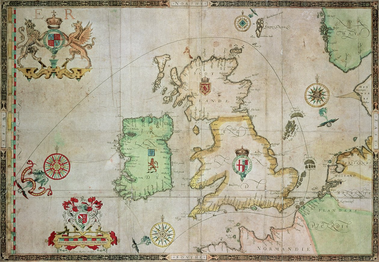 Kaart met de route van de Armada-vloot, gegraveerd door Augustine Ryther, 1588 door Robert Adams