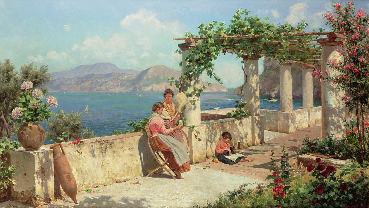 Figuren op een terras in Capri door Robert Alott